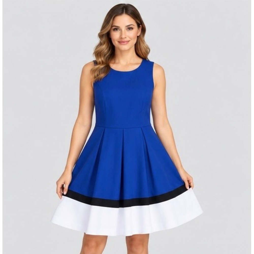 Liz Claiborne Womens 16 Blue Sleeveless Fit Flare Color Block Pleated Dress Boho